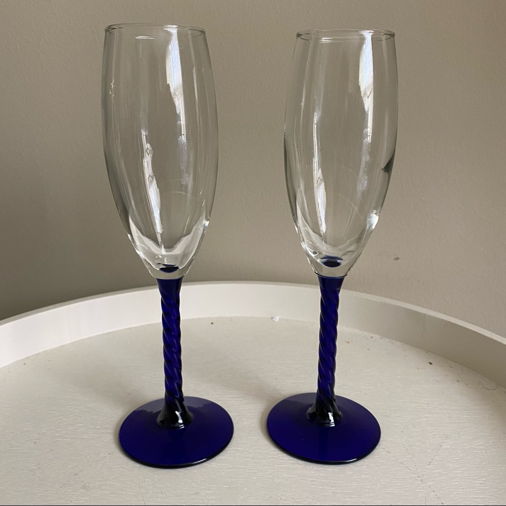 Set of Two Blue Stemmed Champagne Flutes